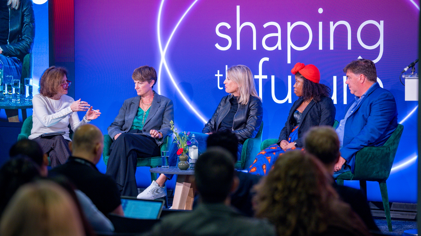 L-R) Moderator Mary Ann Halford with Sarah Milton,Everyone TV; Elke Walthelm, Sky Deutschland; DeShuna Elisa Spencer, kweliTV; and Brad Danks, CEO of OUTtv - credit -MichielTon